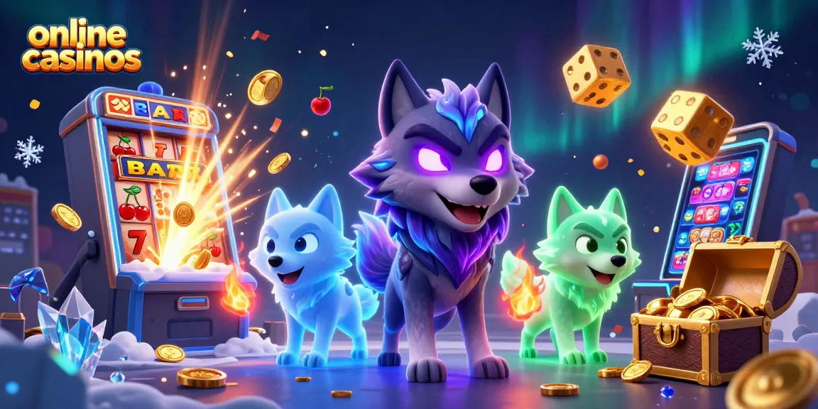 Experience thrilling online casinos with charming wolf characters and vibrant slot machine action.
