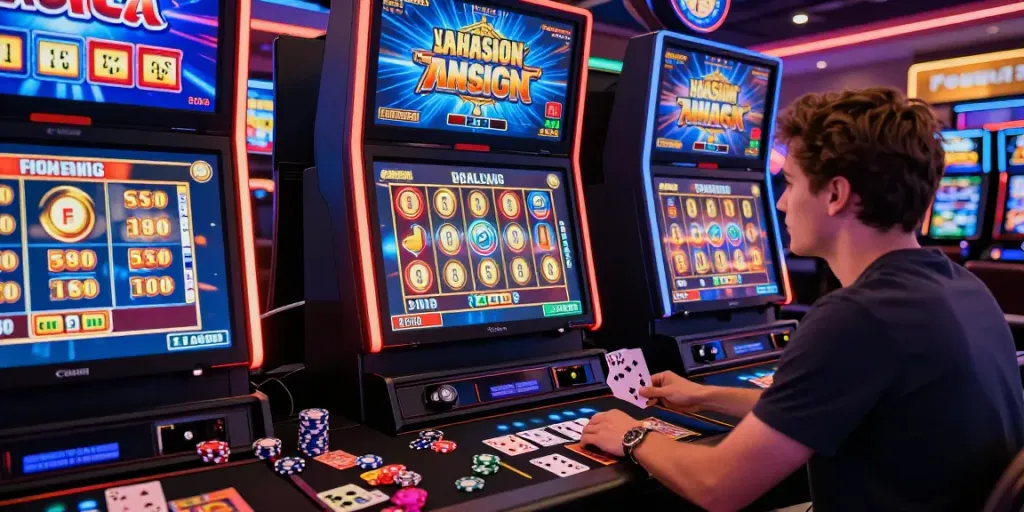 Exciting gameplay at a slot gacor maxwin casino, showcasing vibrant digital screens and an engaged player.