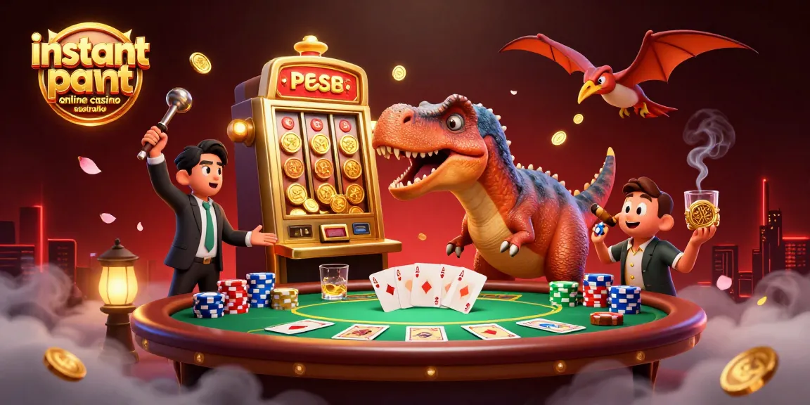 Instant payout online casino Australia scene with dinosaur characters and dynamic casino elements