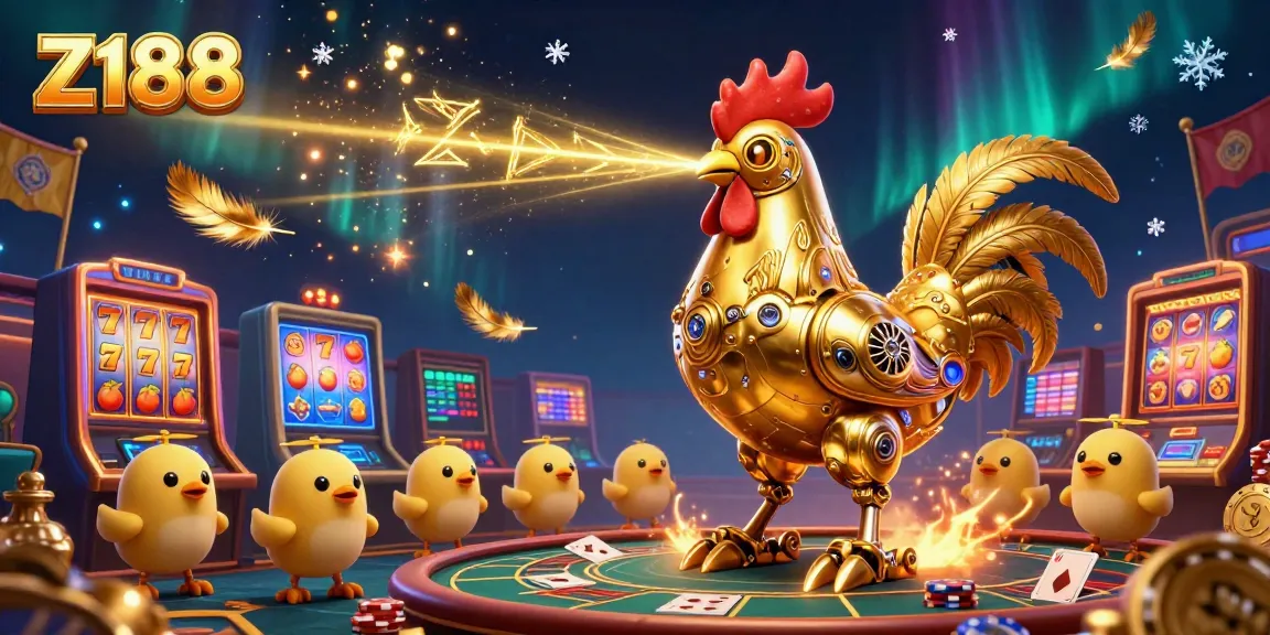 Z188 invites players to experience thrilling slots and jackpots, showcasing a colorful 3D illustration of a robot rooster in a vibrant casino.