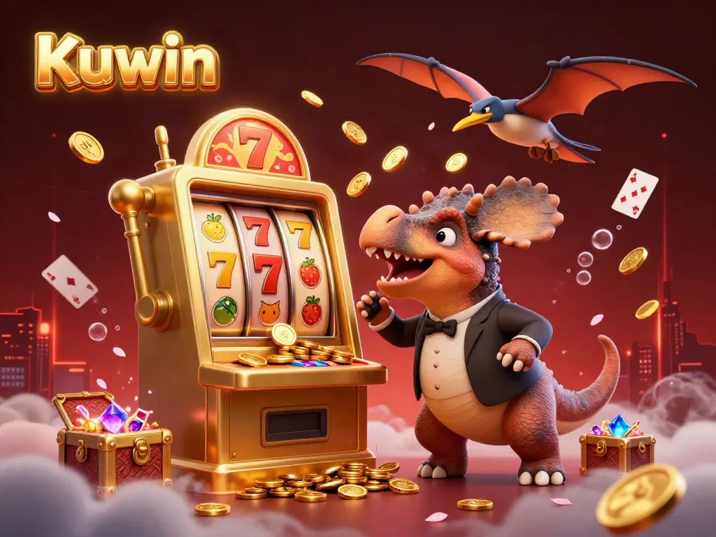 Kuwin showcases vibrant 3D casino characters interacting with a golden slot machine, capturing jackpot excitement.