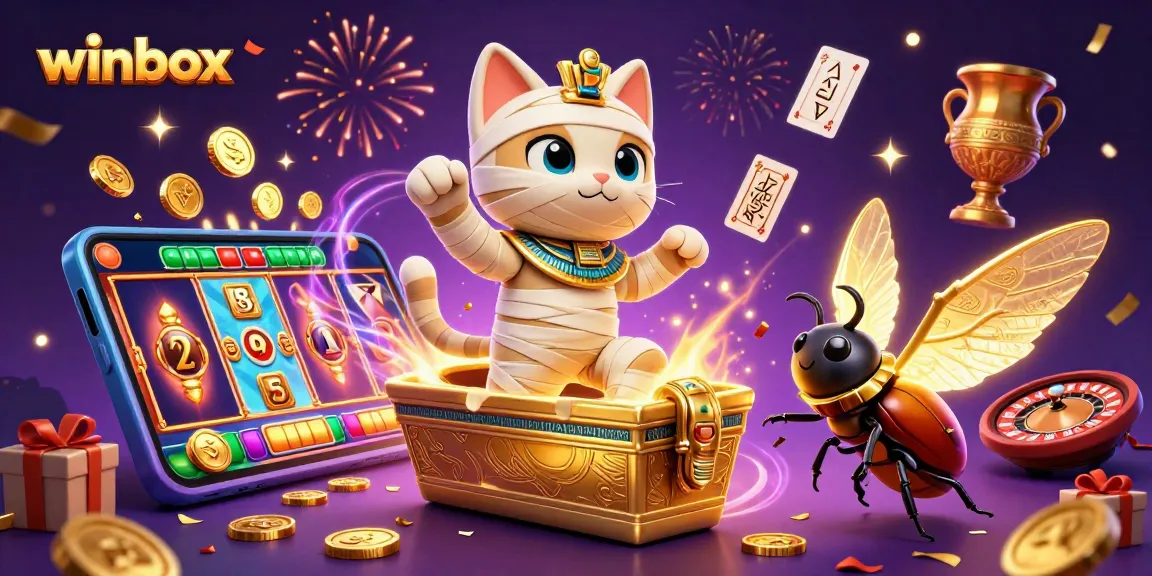 Experience the excitement of Winbox with a lively 3D depiction of a mummy cat, scarab companion, and casino elements.