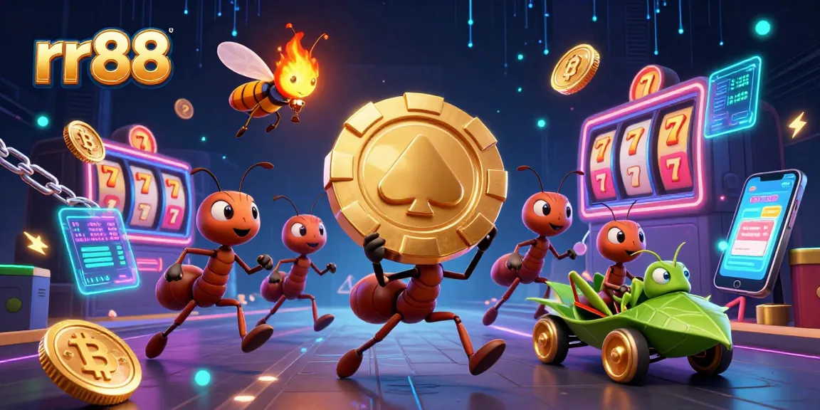 rr88 engages players in a thrilling heist with ants carrying a giant poker chip amidst vibrant casino elements.