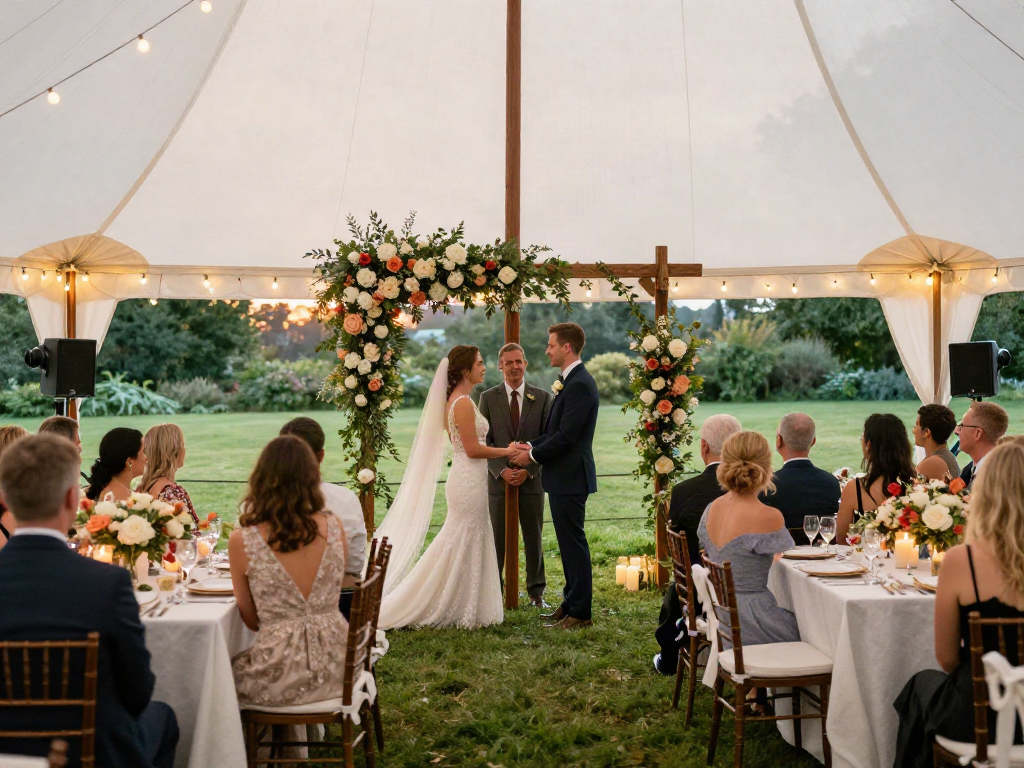 Event rentals for an elegant outdoor wedding setup with floral decor and guests celebrating.
