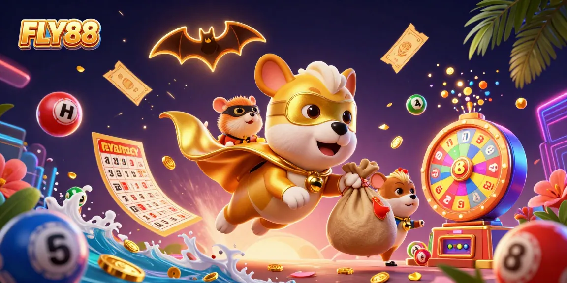 FLY88 brings thrilling adventures in online betting with a superhero dog flying amidst vibrant gaming elements.