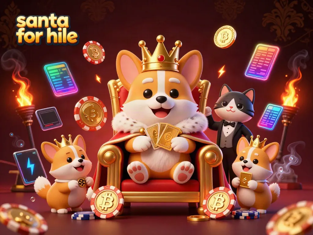 Engage in festive gaming fun with a premium Santa for hire illustration featuring a royal corgi and animated characters.