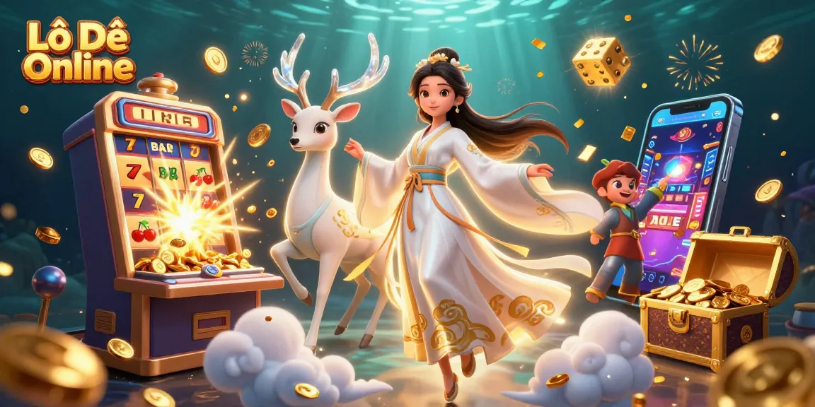 Lô Đề Online captivating scene with winning symbols bursting from a slot machine amid enchanting imagery.