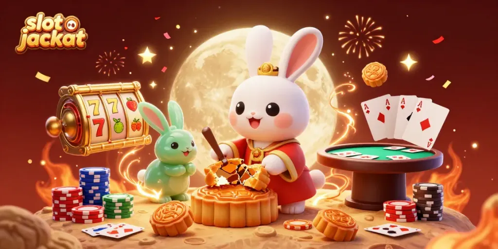 Spin the slot jackpot surrounded by a charming moon rabbit, poker chips, and festive decorations.
