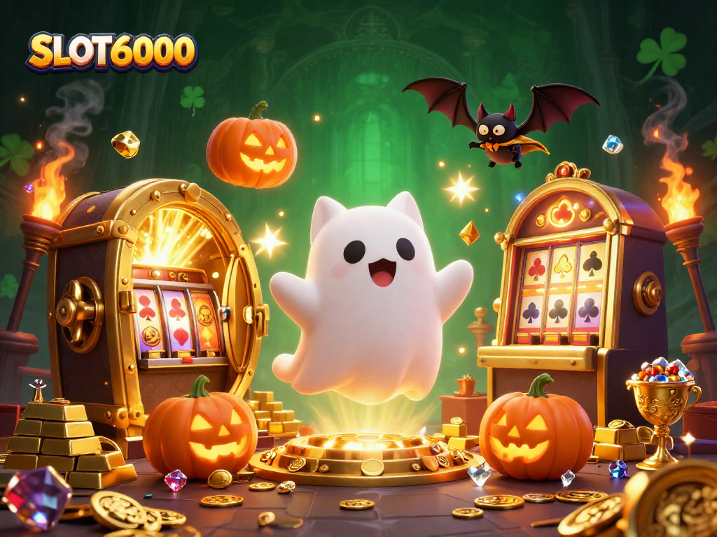 Engage in thrilling SLOT6000 adventures with a cartoon ghost cat, vampire bat, and festive jack-o-lanterns.