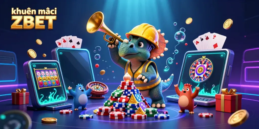 Experience khuyến mãi ZBET with a festive casino scene featuring colorful slot games and playful dinosaurs.
