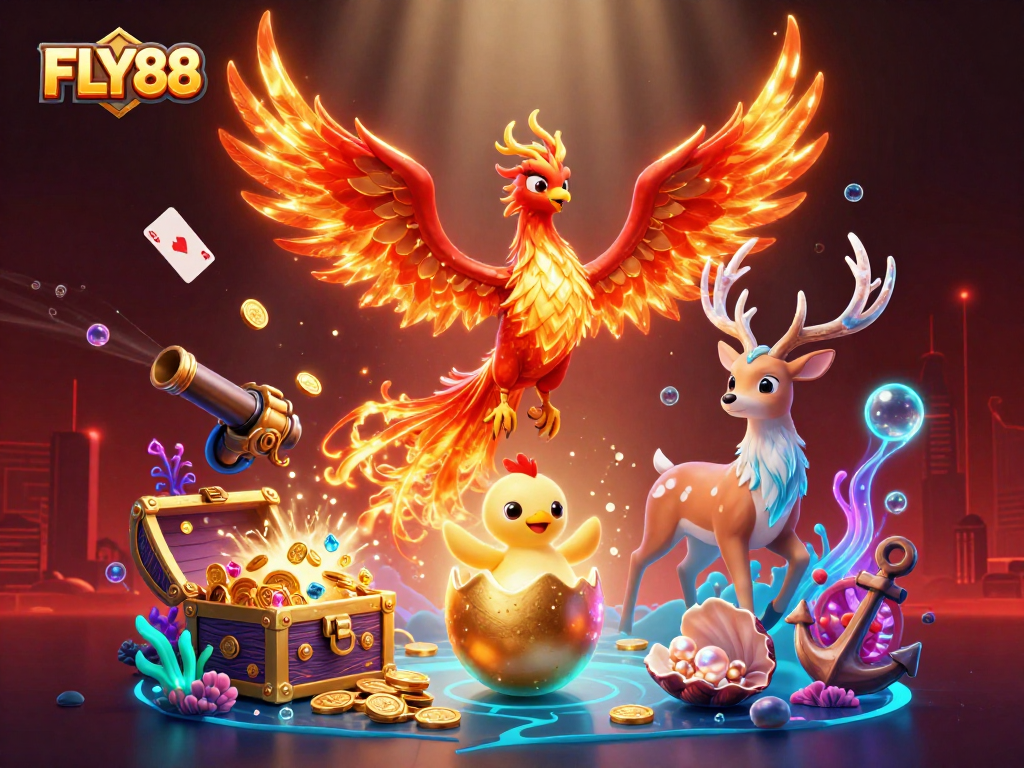 FLY88 elevates gaming excitement with a dynamic scene of a phoenix and treasure.