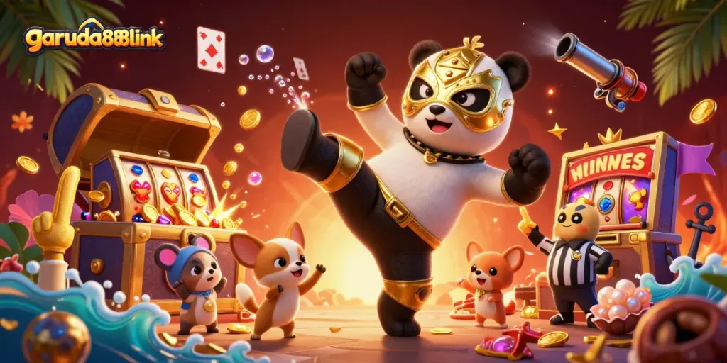 Experience exciting wins at garuda888link with our vibrant casino-themed illustration showcasing an action-packed adventure.