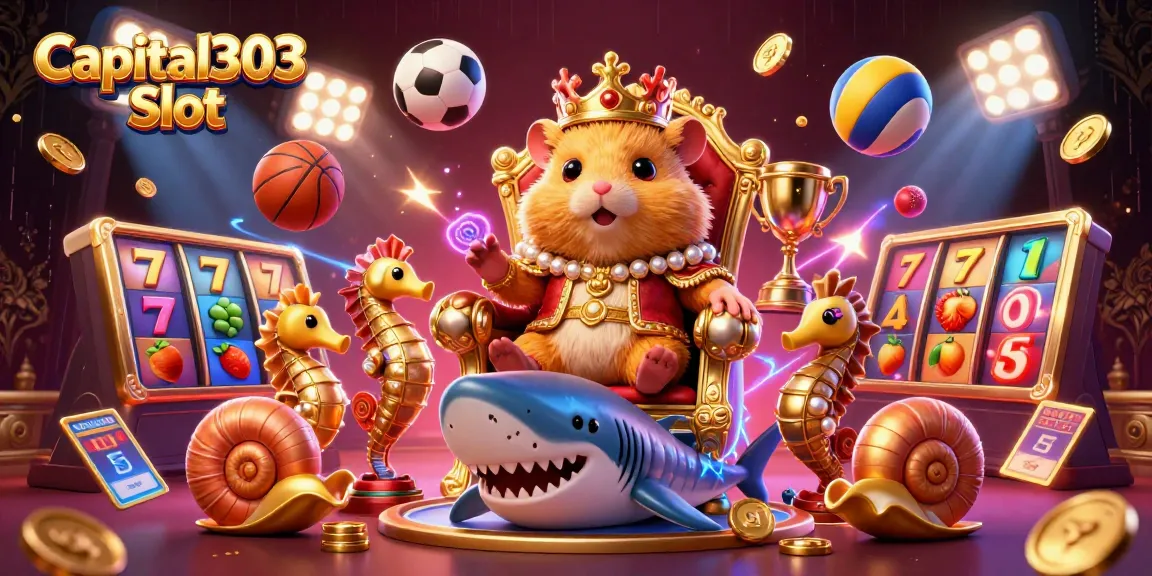 Win big with Capital303 Slot, featuring a hamster king and dynamic slot game elements in a vibrant casino scene.