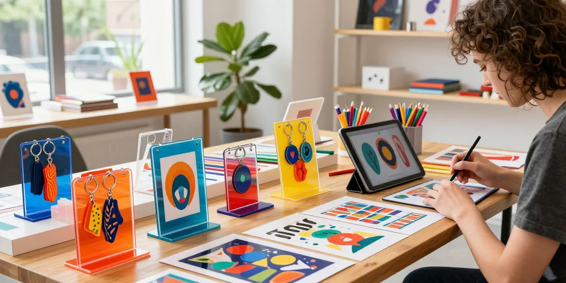 Custom acrylic stand displays showcasing vibrant designs and products.