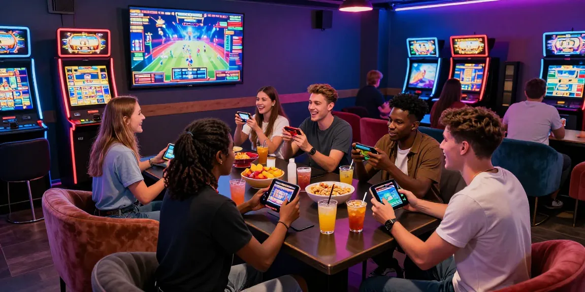 Group enjoying slot games in a vibrant gaming lounge.