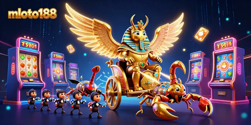 Experience thrilling games at mloto188 with a colossal golden scarab beetle and dazzling slot machines.