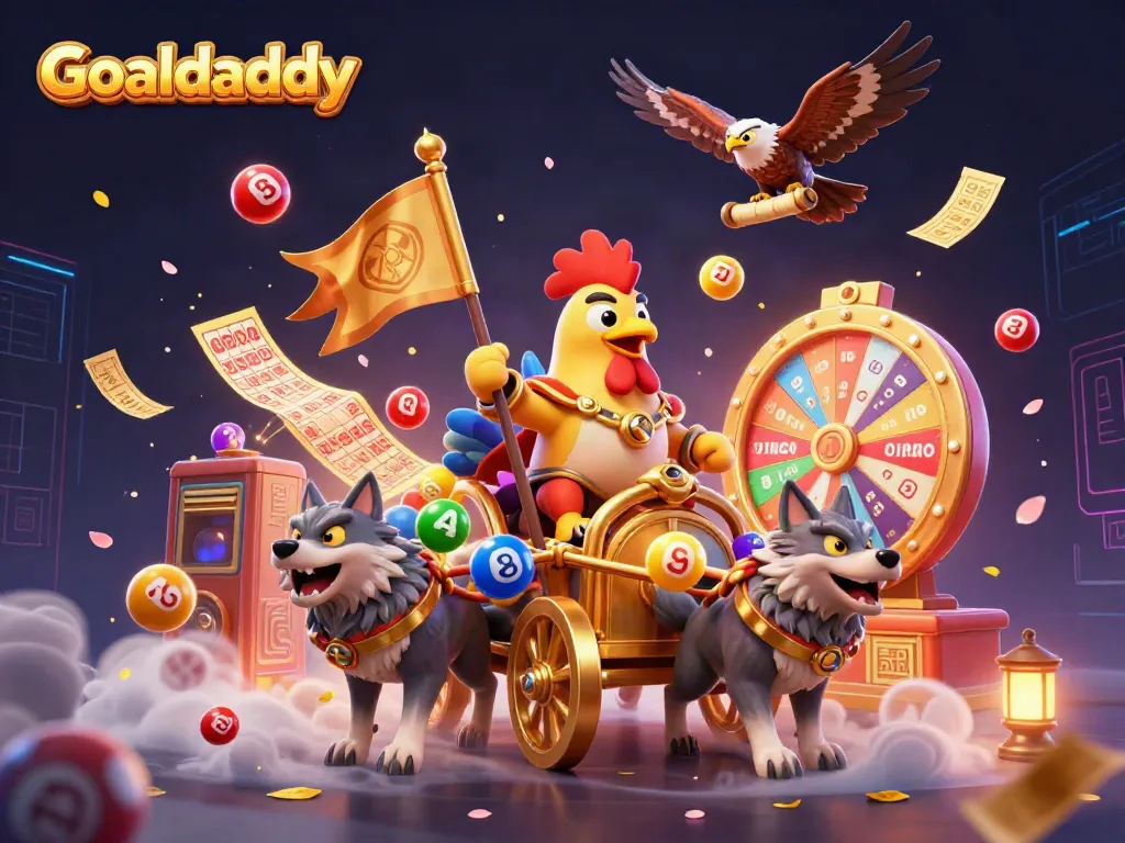 Experience exciting gambling moments with Goaldaddy featuring a dynamic scene of a rooster warlord and lottery elements.