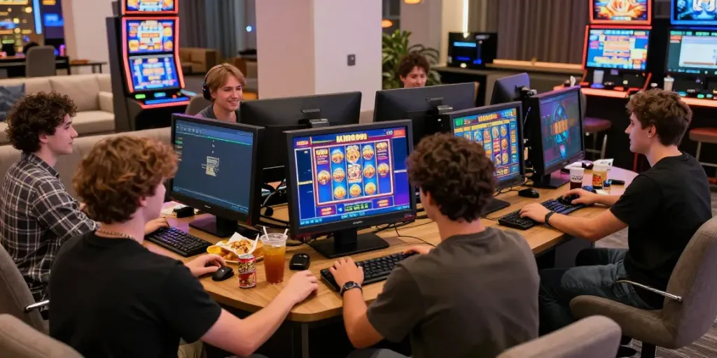 Players enjoying KING999 slot games in a lively virtual casino setting.
