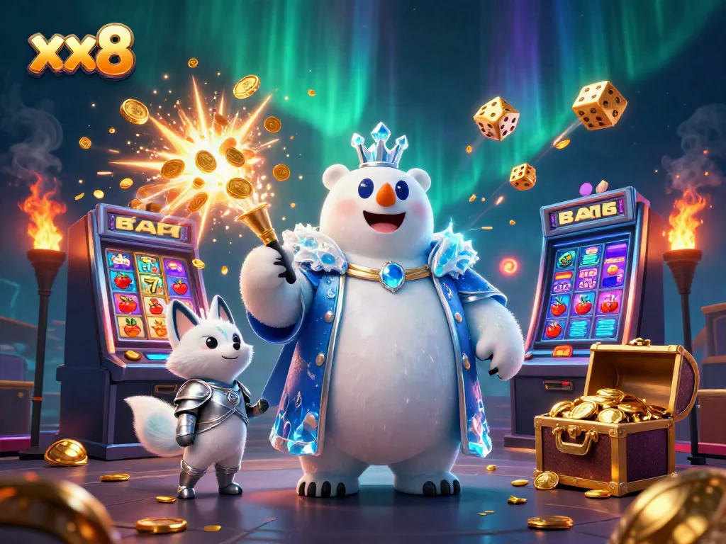 Experience the excitement of xx8 with a colorful 3D illustration showcasing a jackpot slot machine and vibrant characters.