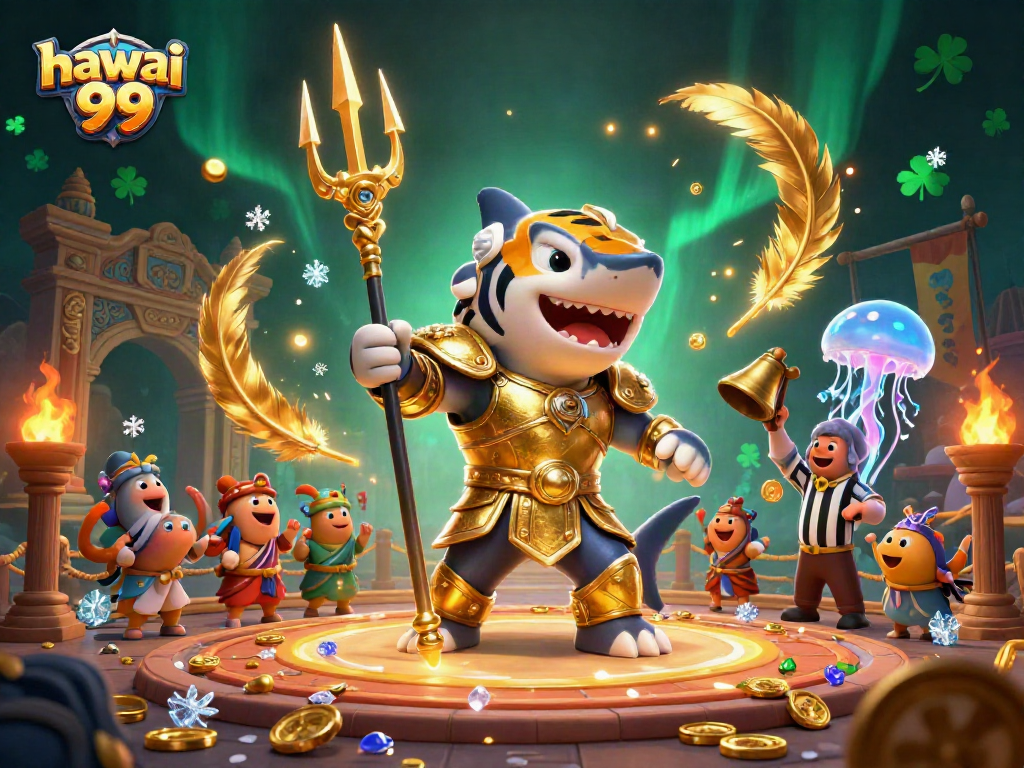 Join the hawai 99 underwater casino battle with a tiger shark and cheering fish in a dynamic scene.