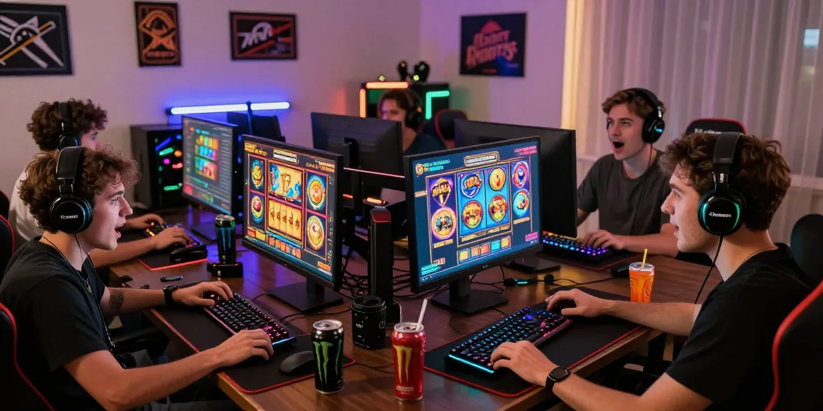 Friends enjoying an exciting online gaming session with wd138 slot games, surrounded by colorful screens and gaming gear.