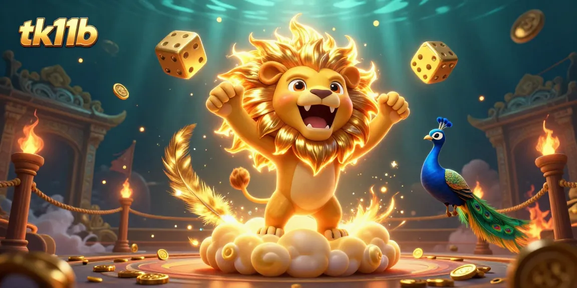 Experience high-stakes action in tk11b's vibrant, 3D illustrated casino scene with roaring lion and golden dice.