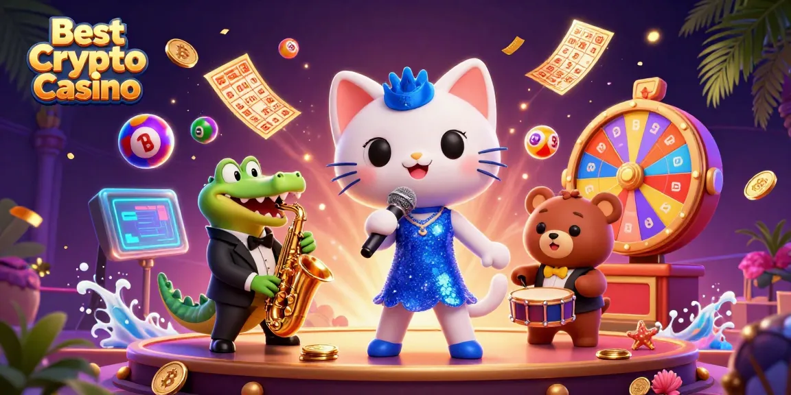 Best Crypto Casino features a jazzy scene filled with musical characters and vibrant gaming elements.