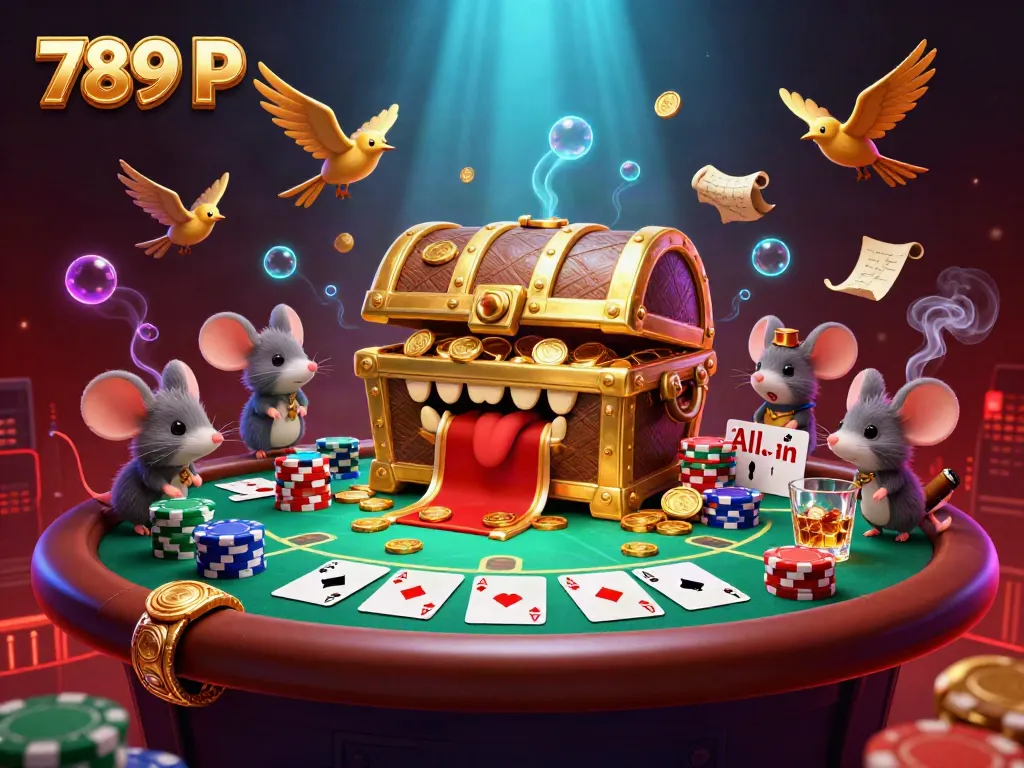 Experience the thrill of winning at 789 P with this vibrant casino scene featuring a golden treasure chest and poker table.