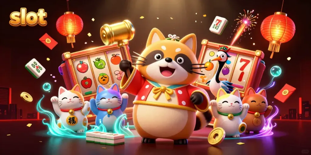 Engage in slot gaming with a cheerful tanuki and vibrant symbols in a festive casino scene.