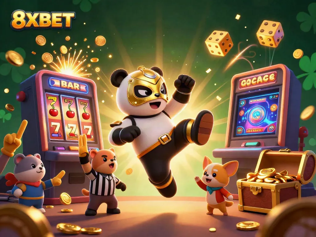 Experience thrilling casino gameplay with 8XBET as the wrestler panda leaps and jackpots burst forth.