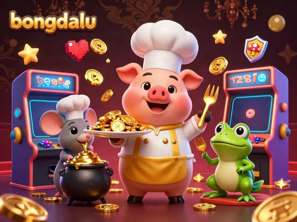 Bongdalu features a chef pig presenting gold coins, alongside a tasting mouse and critic frog, amidst vibrant gaming elements.