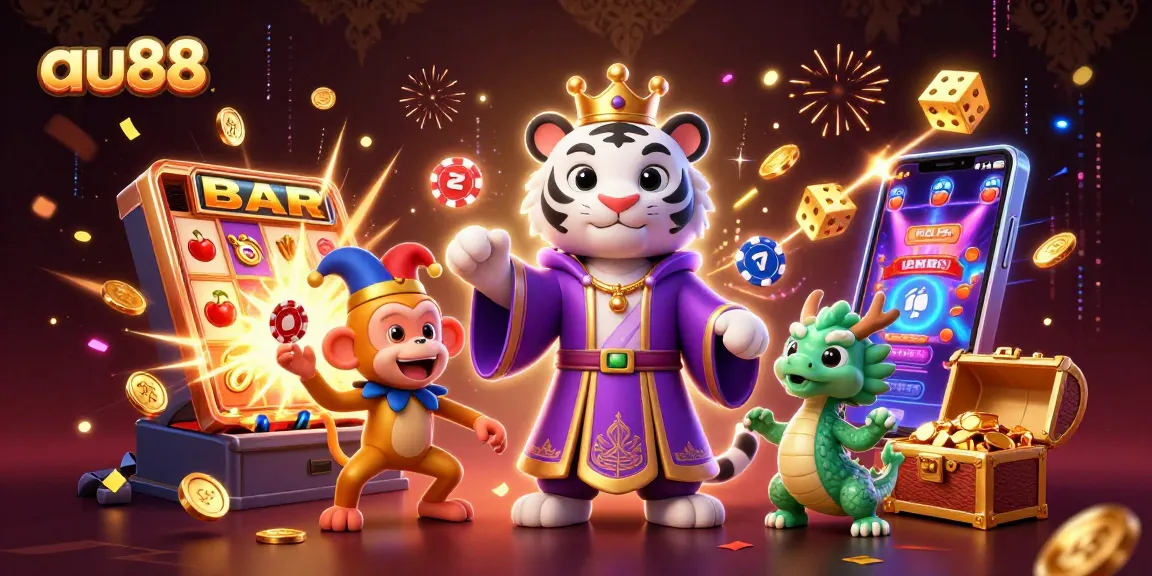 Engage with the thrilling world of au88 as a royal tiger, jester monkey, and jade dragon surround slot machines and vibrant casino elements.