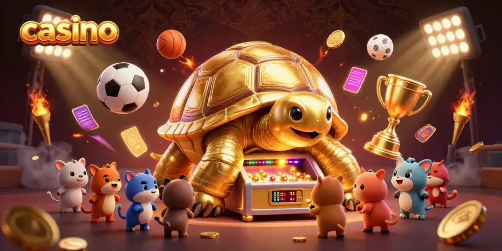 Experience a thrilling casino atmosphere with a golden tortoise pinball, exciting animals, and dynamic sports elements.