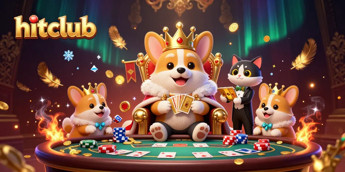 Engage with hitclub's vibrant gaming scene featuring a royal corgi and dynamic poker elements.