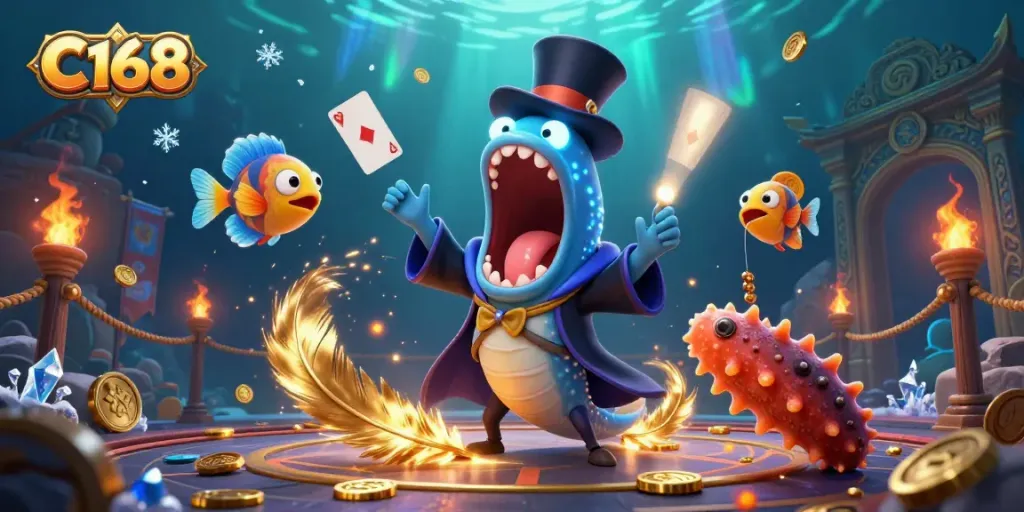 C168 features a bioluminescent eel magician performing card tricks amidst an underwater gaming scene.