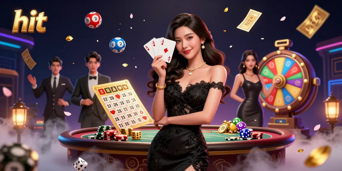 Experience hit at a vibrant casino with colorful elements, showcasing an elegant woman holding playing cards.