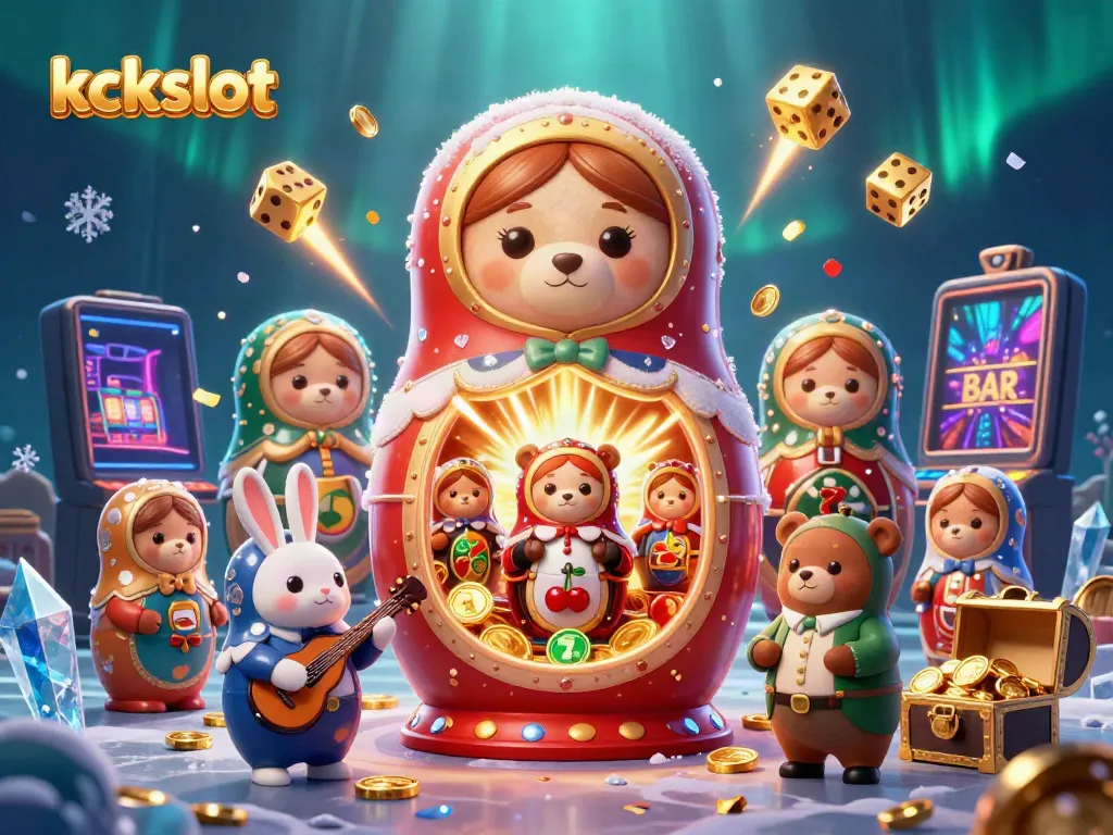Kckslot menampilkan ilustrasi 3D kartun animasi kasino dengan petunjuk jackpot dan tema beruang bertema kerajaan.