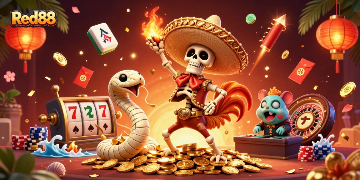 Red88 captures the thrill of winning in a vibrant casino scene with animated characters celebrating.