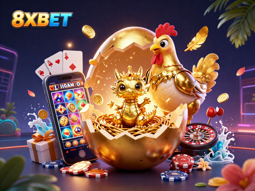 Engage in thrilling moments at 8XBET with a golden dragon amidst gaming excitement.
