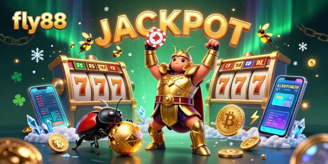 Fly88: Win big and celebrate with a 3D beetle hero lifting a poker chip in an exciting casino scene.
