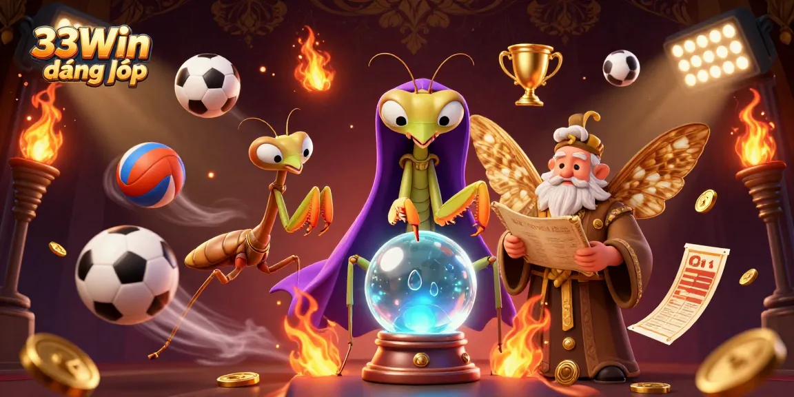 Engage with the vibrant 33Win đăng nhập scene featuring a fortune teller, a librarian, and dynamic sports elements.