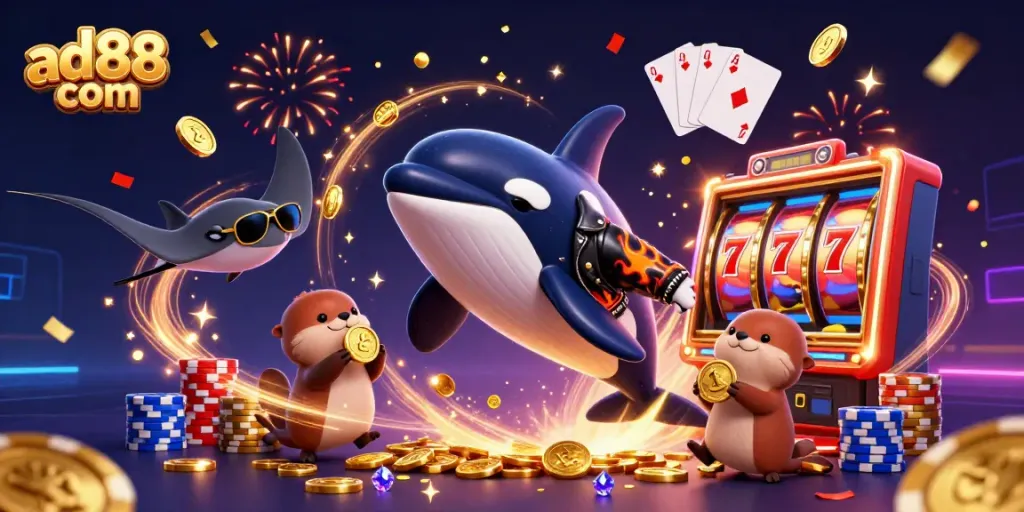 Spin to win at ad88 com with adventurous sea creatures celebrating jackpot wins!
