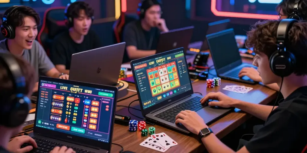 Players joyfully participating in an immersive togel online session with vibrant screens showing live results.