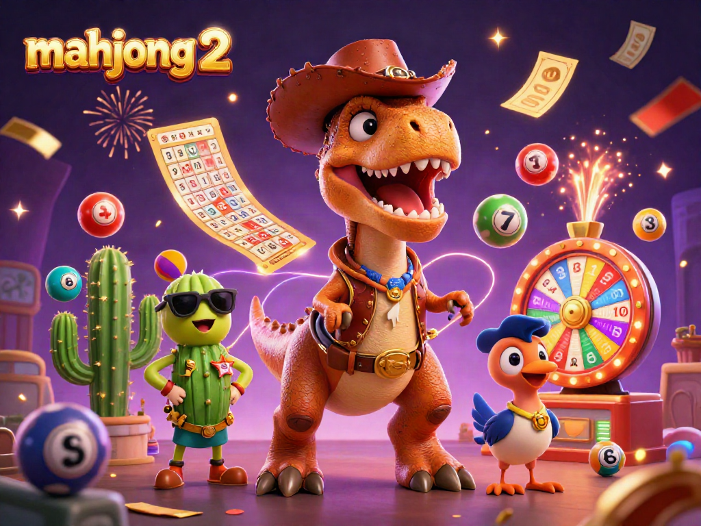 Engage with mahjong 2 excitement through a festive illustration featuring a dinosaur and gaming elements.
