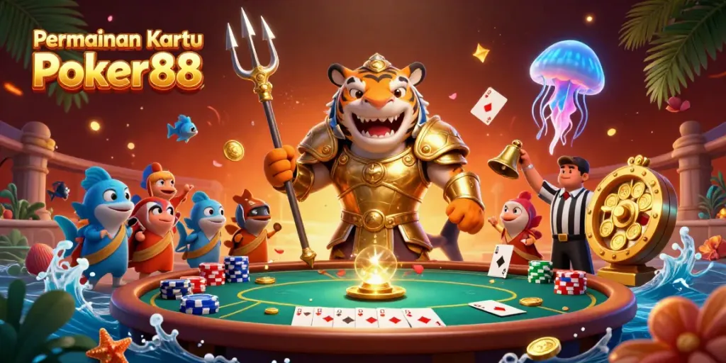 Engage with Permainan Kartu Poker88 in a vibrant underwater colosseum showcasing poker elements