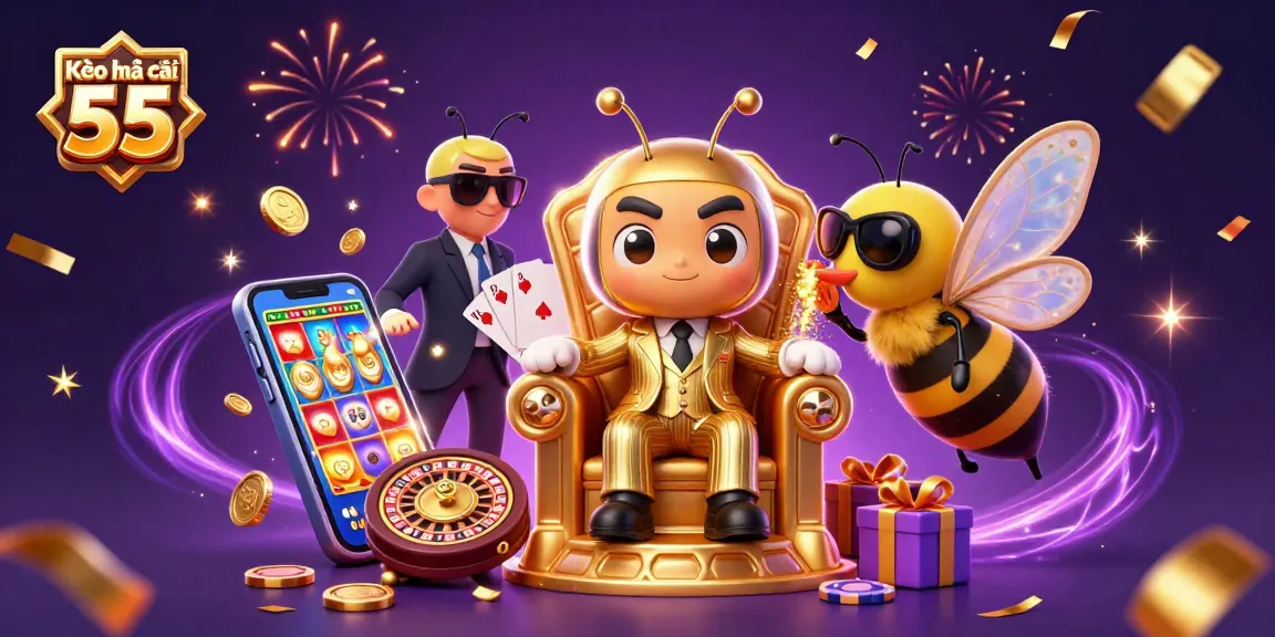 Kèo nhà cái 55 showcases thrilling sports betting elements with a dynamic bee mob boss and whimsical characters.