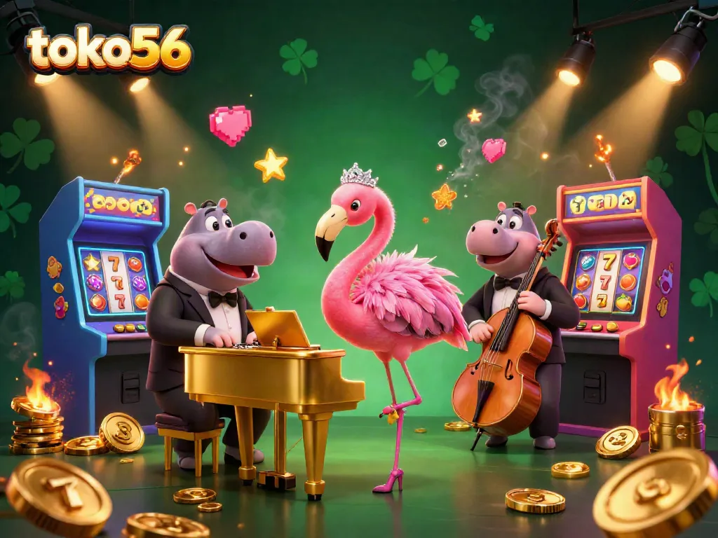 Koleksi permainan judi slot berwarna-warni di toko56 dengan penyanyi flamingo dan bas hippo.