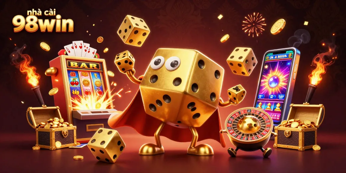 Engage with the vibrant world of nhà cái 98win featuring a golden dice golem, showcasing exciting casino games.