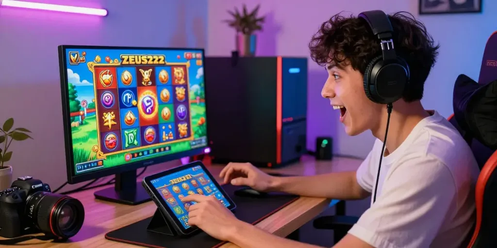 Pengguna ZEUS222 bermain slot online dengan penuh semangat dalam suasana gamer yang energik.