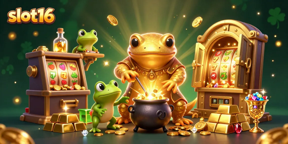 Experience thrilling gameplay with slot16's vibrant 3D cartoon alchemist scene full of gold and treasures.